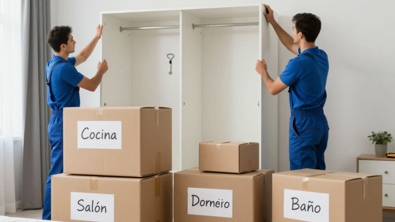 Descarga organizada de muebles y cajas durante una mudanza a un piso.