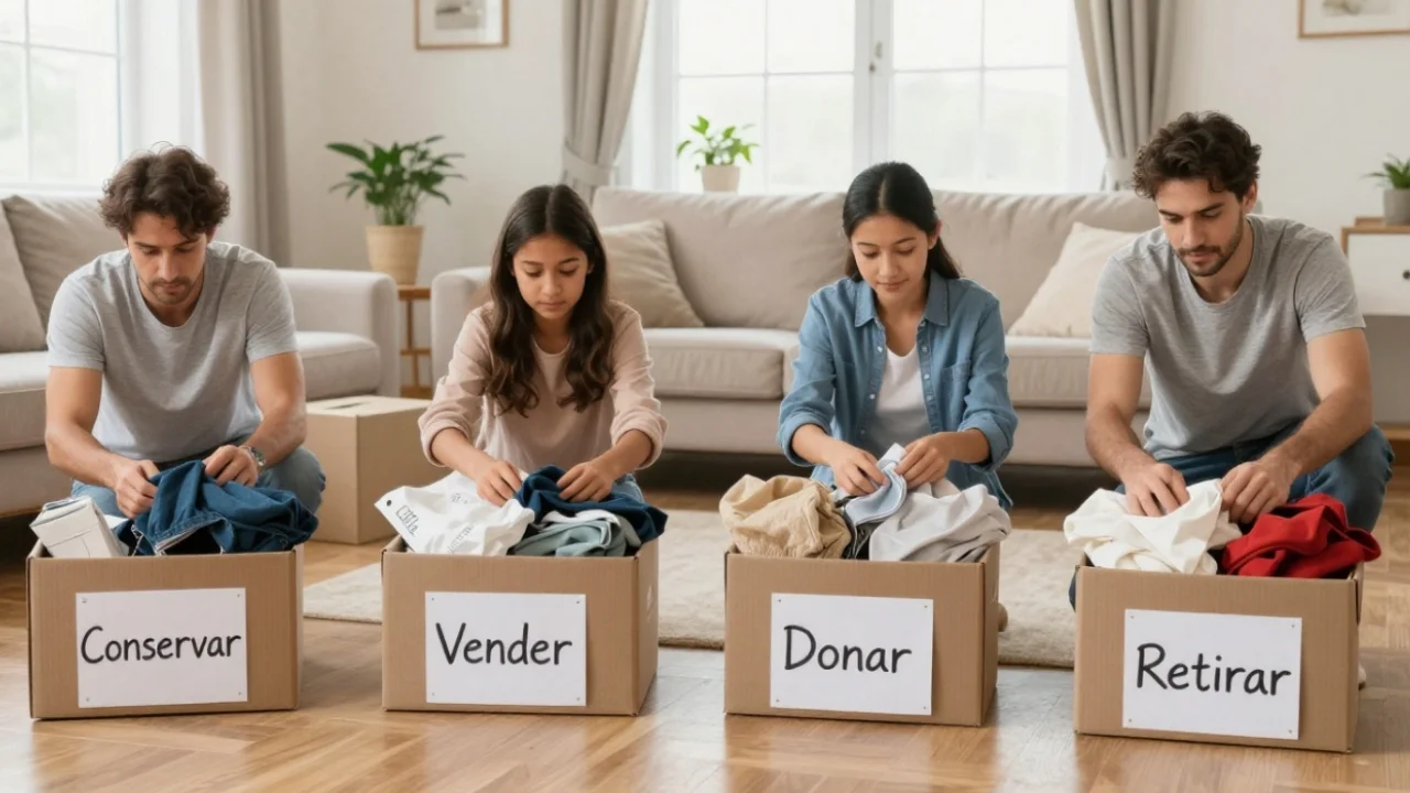 Clasificación de pertenencias antes de una mudanza de casa a piso.